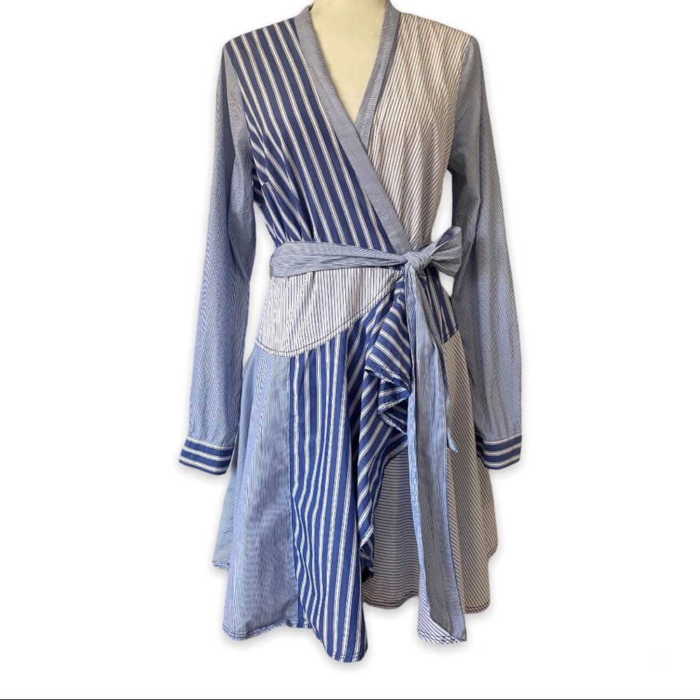 Anthropologie Maeve Newport Blue Striped Wrap Shirt Dress Women 10